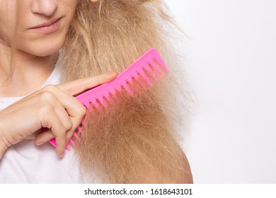 Damage, Dryness, Flakes And Fading Hair. Woman Shocked Because Her Hair Is Dull And She Want Fix Hair.