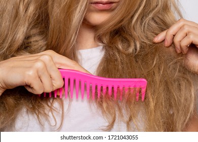 Damage, Dryness, Flakes And Fading Hair. Woman Shocked Because Her Hair Is Dull And She Want Fix Hair.