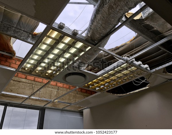 Damage Roof Ceiling Office Following Violent Stock Photo