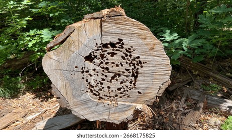 The damage shown in the tree trunk, characterized by the excavated tunnels and galleries within the wood, is consistent with the activity of carpenter ants.