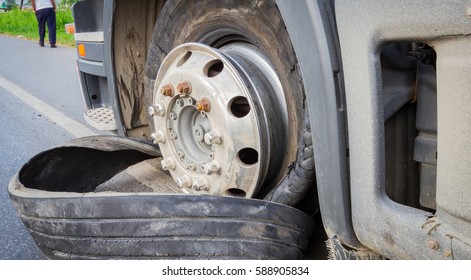 Damaged 18 Wheeler Semi Truck Burst Tires On The Road In Thailand