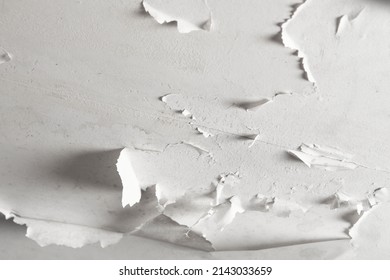 Damaged Bathroom Ceiling With Cracked And Peeling White Paint On Painted Drywall Close-up. Humidity And Dampness In An Apartment Room With Mildew. Deterioration To Gypsum Plasterboard