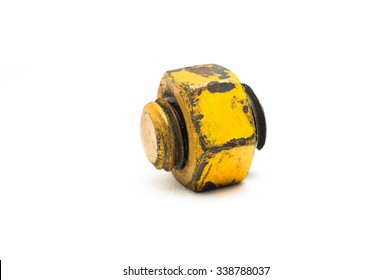 Damaged bolt with yellow screw nut on white background