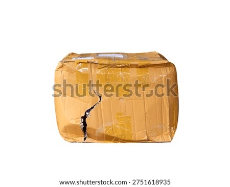 Damaged brown parcel box with broken carton packaging isolated on white background , clipping path