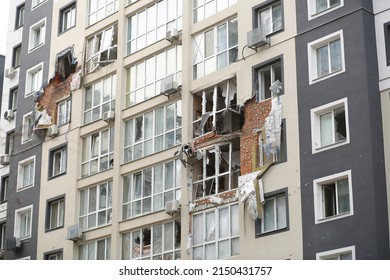 Damaged Building Facade After Heavy Artillery Shooting And Shelling