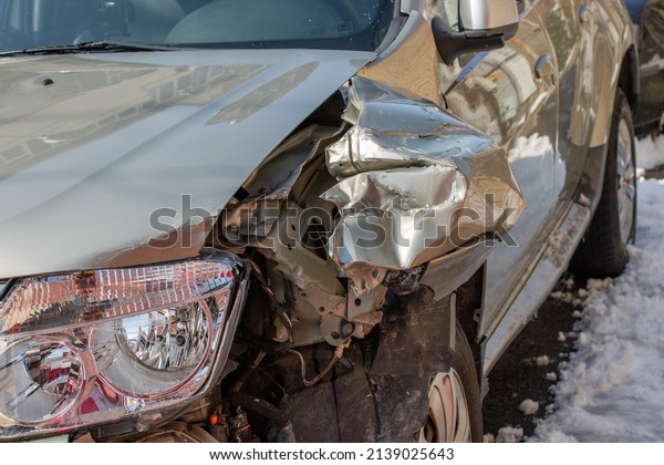 Damaged car detail on crushed car, wrecked vehicle.\
Bucharest, Romania,\
2022