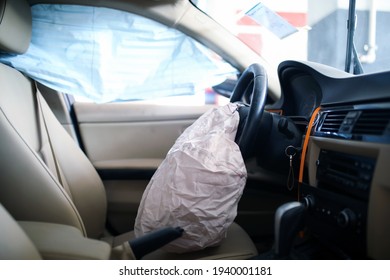 Damaged Car Interior View Broken Airbag