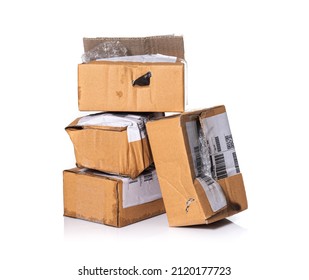 Damaged Cardboard Parcel On White Background