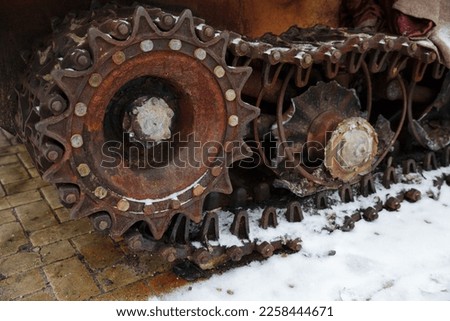 Damaged caterpillar of russian tank, destroyed during Russian Ukrainian war 