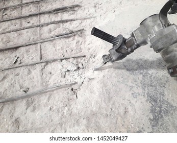 Damaged Cement Floor See Broken Steel Bars And Electric Drills Have To Repair The New Floor To Use