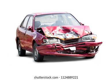 Damaged Crash Car From Accident Isolated On White Background With Clipping Path