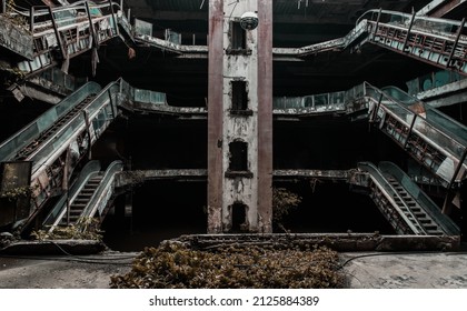 Damaged escalators in abandoned shopping mall building. Structural and ruins was left to deteriorate over time, New World Mall, No focus,specifically