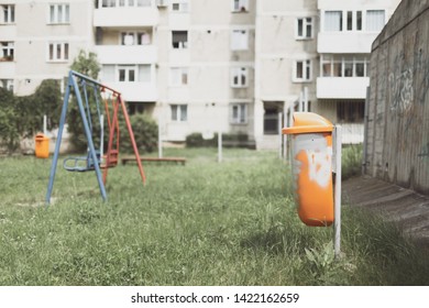 Damaged Garbage Bin Inside Public Park. Environmental Concept