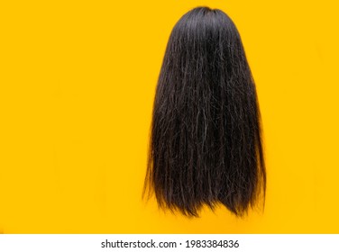 Damaged hair isolated on yellow background. Dry and brittle hair problem. Black long hair with dry texture. Asian woman with weak, brittle, and unhealthy hair need treatment conditioner and spa. 