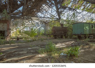 Damaged Hall In Abandoned Red Star Train Graveyard