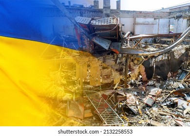 Damaged housing as a result aggression the No War in Ukraine with Ukrainian flag