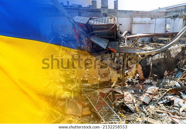 Damaged housing as a result aggression the No War in\
Ukraine with Ukrainian\
flag