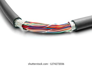 Damaged Isolation Of Main Internet Backbone Channel Is On A White Background.  Multicolored Trunk Cable Is Torn Off.  Multichannel Communication Line. High Speed Data Transfe. 
