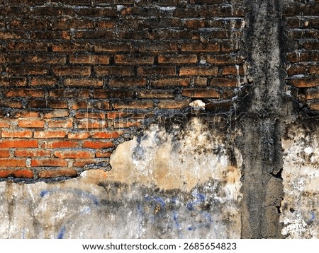 Damaged old wall objects. Cracked and crumbling wall plaster. Exposed bricks from the wall. Dirty and damaged wall background