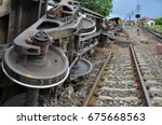 Damaged property of train and rails after train derailed in Thailand