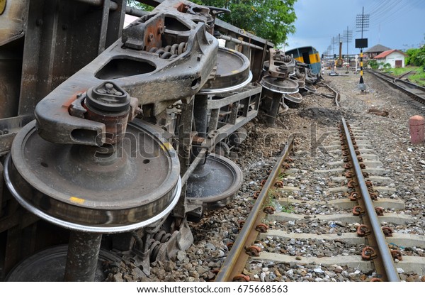 Damaged property of train and rails after train\
derailed in Thailand