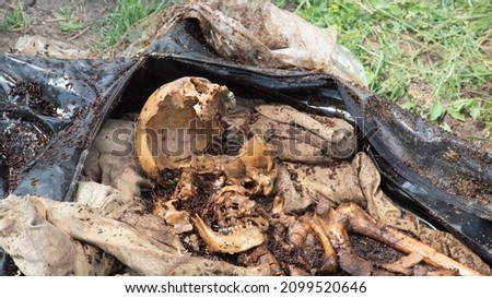 The damaged remains of a decomposed human body in a black sanitary body bag