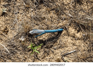 Damaged underground cable exposed in sandy soil environmental hazard concept