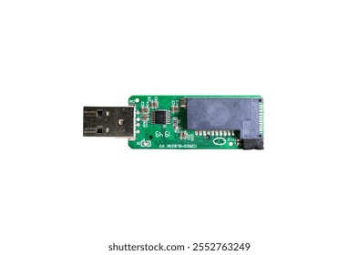  A damaged usb SD card reader without it's shell against a white background.