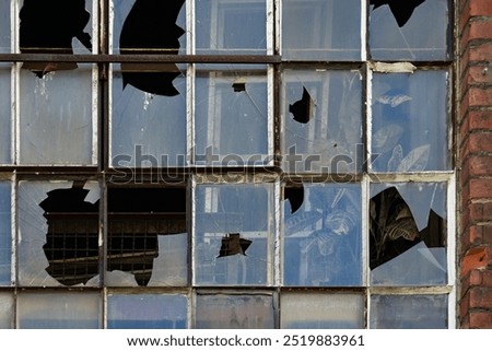 Damaged window of an old colliery building in Dinslaken - the leaves of a green plant can be seen behind the broken glass