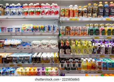 Damansara, Malaysia - 31 OCT 2022: Huge Open Fridge With Various Choice Of Beverages In 7-Eleven Store. 7-Eleven Is An International Chain Of Convenience Stores.