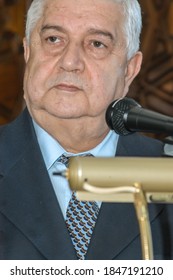 Damascus, Syria. April 4th 2007 
Walid Muallem ,the Syrian Foreign Minister Speaking At A Press Conference At Damascus Airport, 
