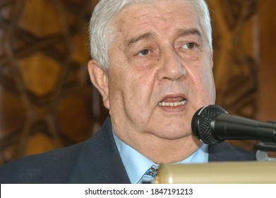 Damascus, Syria. April 4th 2007 
Walid Muallem ,the Syrian Foreign Minister Speaking At A Press Conference At Damascus Airport, 
