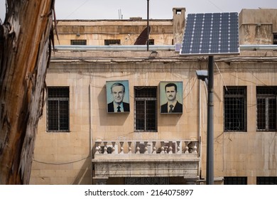 Damascus, Syria -May, 2022: Portrait image of Bashar and Hafiz al-Assad, former and actual President of Syria