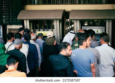 Damascus, Syria - May, 2022: Queue Of People In Front Of Commercial Bank Of Syria In Damascus