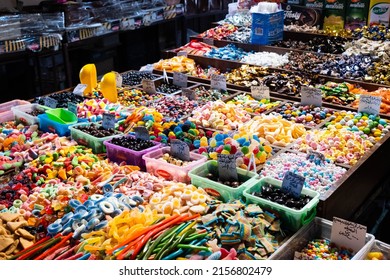 Damascus, Syria -May, 2022: Street Market Stall Selling Jelly Candy Sweets At Suq Al Hamidiyah In Damascus