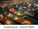 Damnoen Saduak Floating Market or Amphawa. Local people sell fruits, traditional food on boats in canal, Ratchaburi District, Thailand. Famous Asian tourist attraction destination. Festival in Asia.