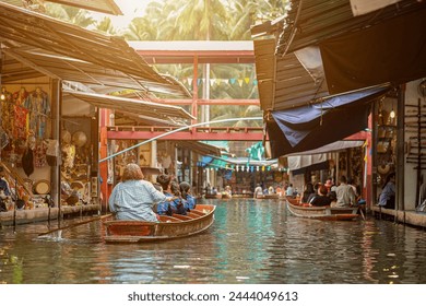 Damnoen Saduak Floating Market, tourists visiting by boat, located in Bangkok, Amphawa Floating market, Amphawa, Tourists visiting by boat, Thailand