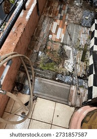 Damp Tiled Floor with Moss and Algae in Outdoor Residential Area