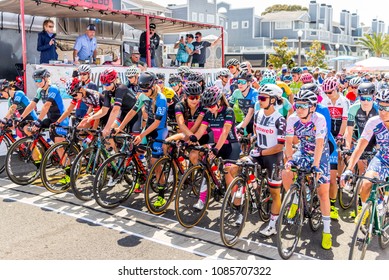 Dana Point California - April 29, 2018 - The 11th Annual Dana Point Grand Prix Bike Race. Professional Riders Line Up At Starting Gate.