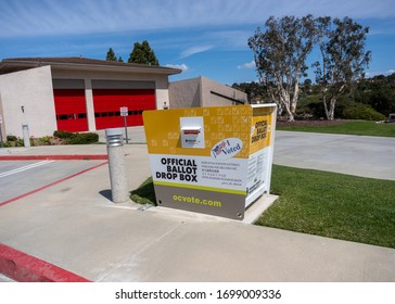 Dana Point, California - April 7, 2020. Official Ballot Drop Off Box In California For Voters Who Prefer To Vote By Mail And Drop Off The Ballot. 