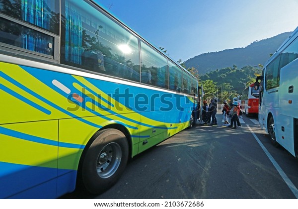 DANANG-VIETNAM-OCTOBER 30 : The\
traveller take the bus in Vietnam, October 30, 2018, Danang\
Province,\
Vietnam.