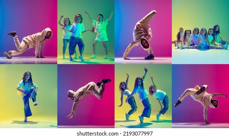 Dance battle. Group of children in sportive style clothes and man dancing hip-hop and breakdance over colorful background in neon. Concept of music, fashion, art - Shutterstock ID 2193077997