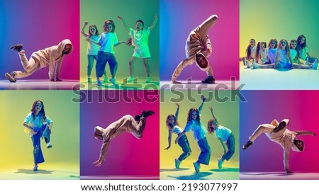 Dance battle. Group of children in sportive style clothes and man dancing hip-hop and breakdance over colorful background in neon. Concept of music, fashion, art