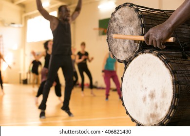 Dance Class With Instructor And Close Up Of African Drums