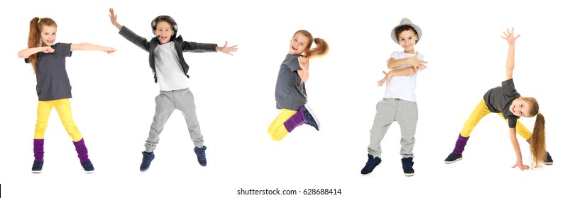 Conceptul de dans. Colaj de copii mici pe fundal alb