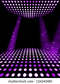 Dance floor disco poster background. Illuminated spotlights