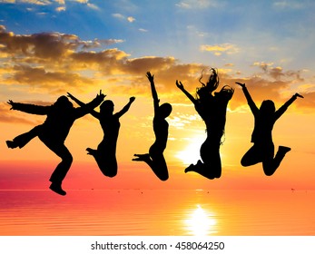 Silhouette Jumping Happiness People On Sunset Stock Photo (Edit Now ...