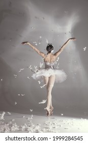 Dance On The Tips Of Toes. Young Graceful Tender Woman, Balerina In Image Of White Swan With Feathers In Art Performance Isolated On White Background. Back View