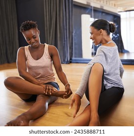 Dance, studio and people stretching legs on floor in class to start practice or rehearsal in academy. Students, group and healthy exercise on ground for fitness with pilates or yoga in school - Powered by Shutterstock