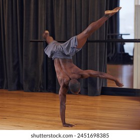 Dance, talent and body in studio for performance, competition show and training with contemporary art. Black man, audition and exercise with balance for health, power movement and activity in class
